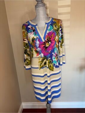 Nine West Floral Stripe Sheath Dress | Size 6 | 3/4 Sleeves